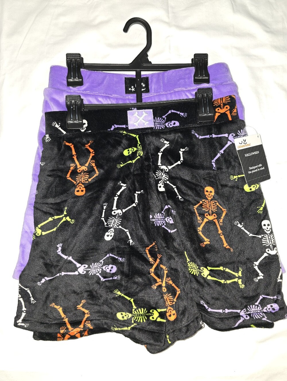 2pk Halloween Soft Velvet Black Multi Colored Skeleton/Purple Checkered Shorts
